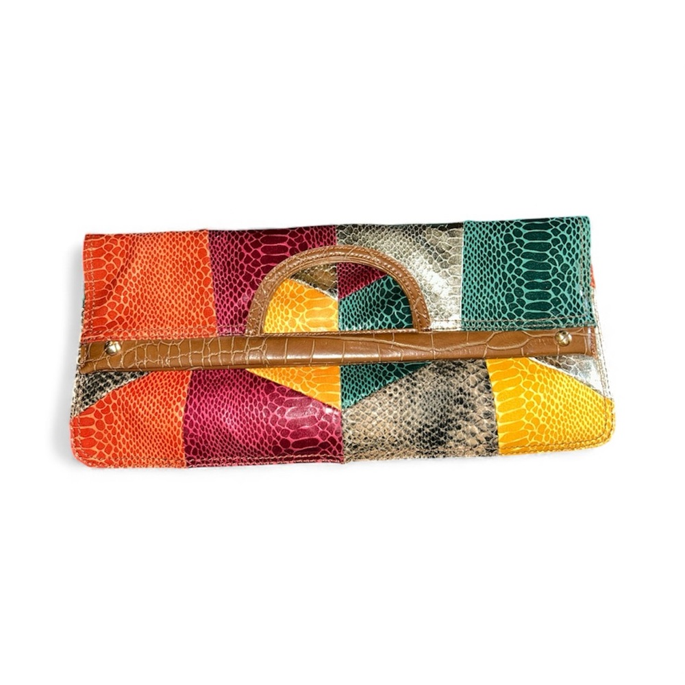 Nine West Patchwork fold over snake skin clutch new without tags